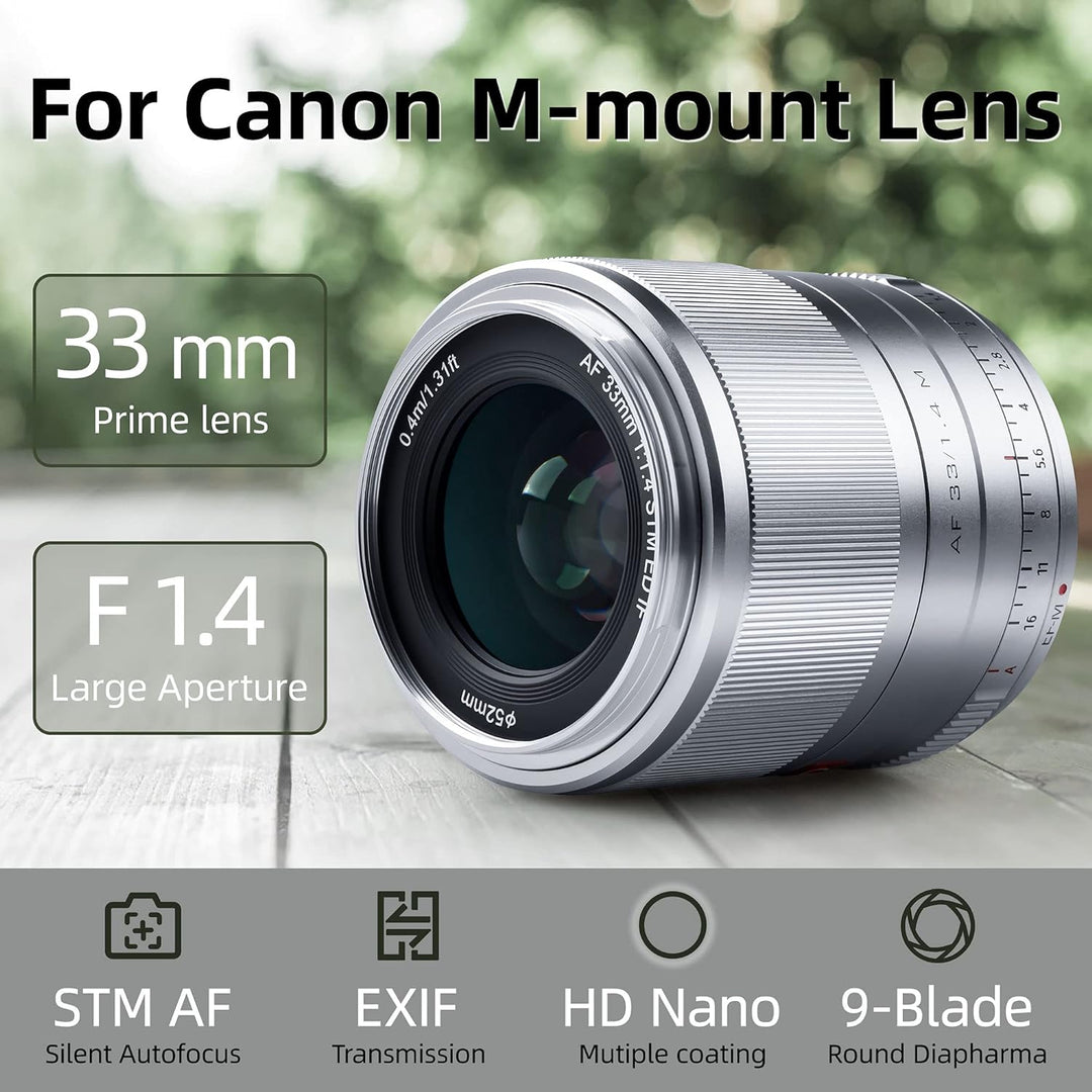 VILTROX 33mm F1.4 M Silber Autofokus Festbrennweite Prime Objektiv für Canon EF-M Mount Spiegellose