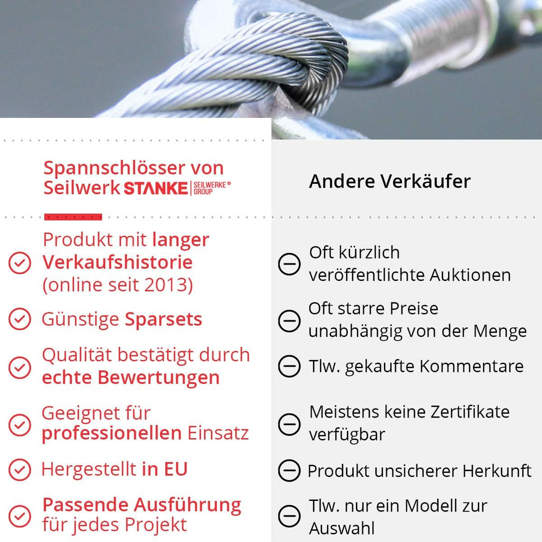 Seilwerk STANKE 20x M8 Spannschloss Öse-Haken verzinkt Spannschraube Spanner für Drahtseil 110 mm 20