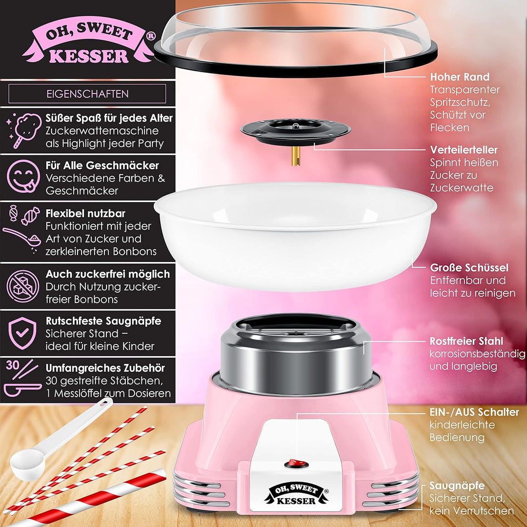KESSER® Zuckerwattemaschine Set für Dein zuhause - Mit 30x Zuckerwatte Stäbchen & Messlöffel - Retro