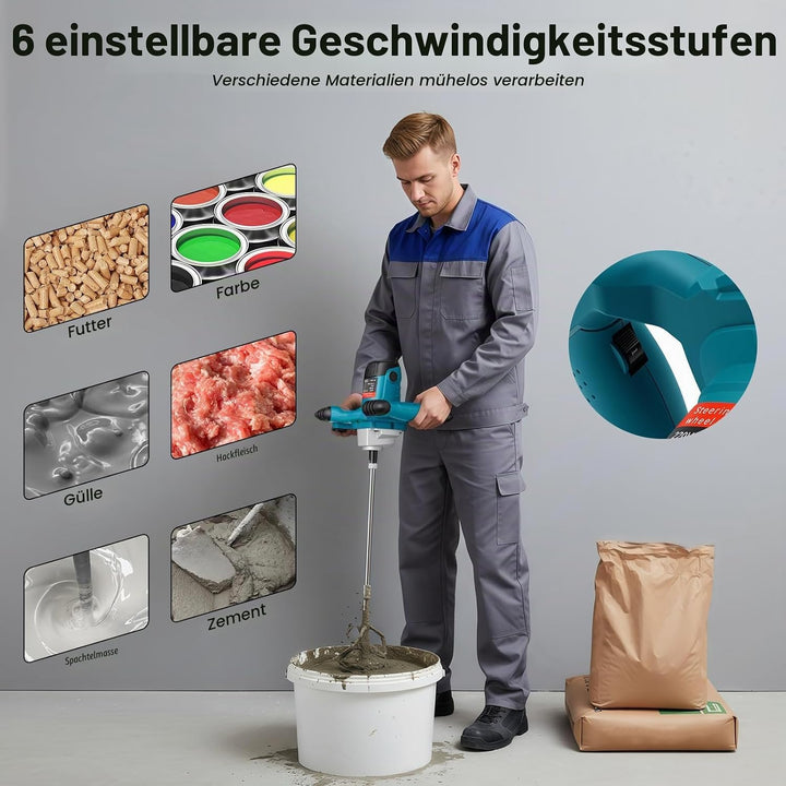 Farb-Mörtelrührer &amp; Betonmischer 2100W Elektrisch - Handrührwerk mit 6 Geschwindigkeitsstufen, 800 U
