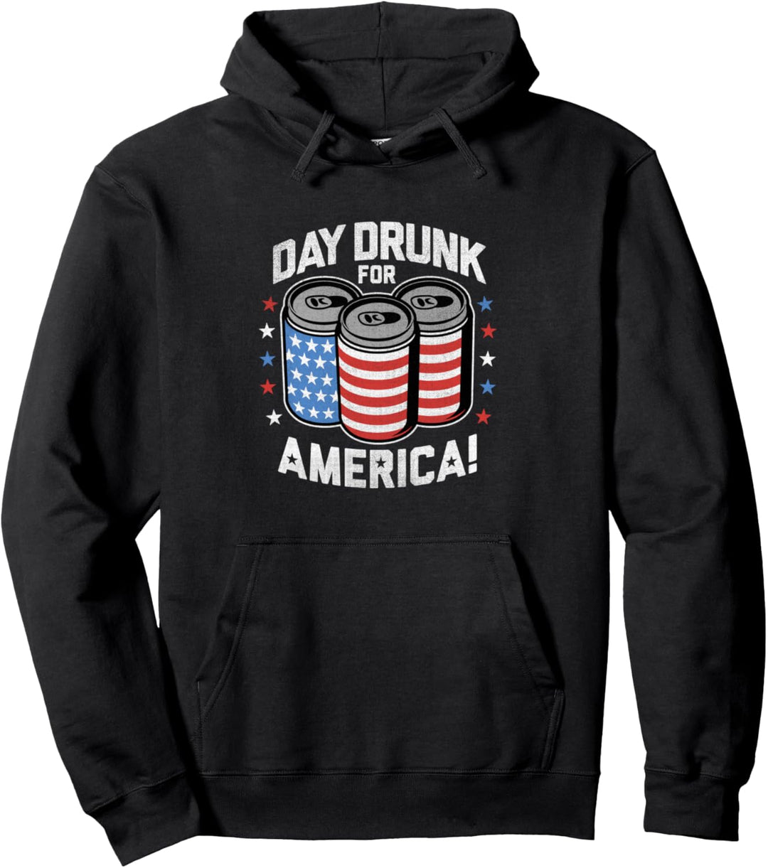 Day Drunk For America Patriotic Stars & Stripes Beer Cans Pullover Hoodie