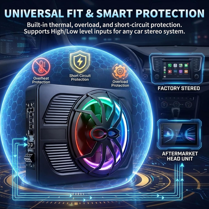 Aktiv Subwoofer für Auto, 800W Ultradünner 10 Zoll Subwoofer mit integriertem Verstärker, Tiefpassfi