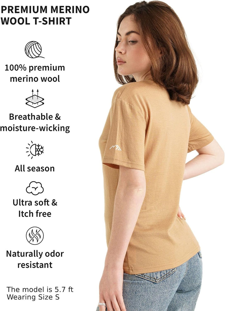 Merino.tech 100% Merino Shirt Damen Wandern &amp; Alltag + Wandersocken L Camel, L Camel