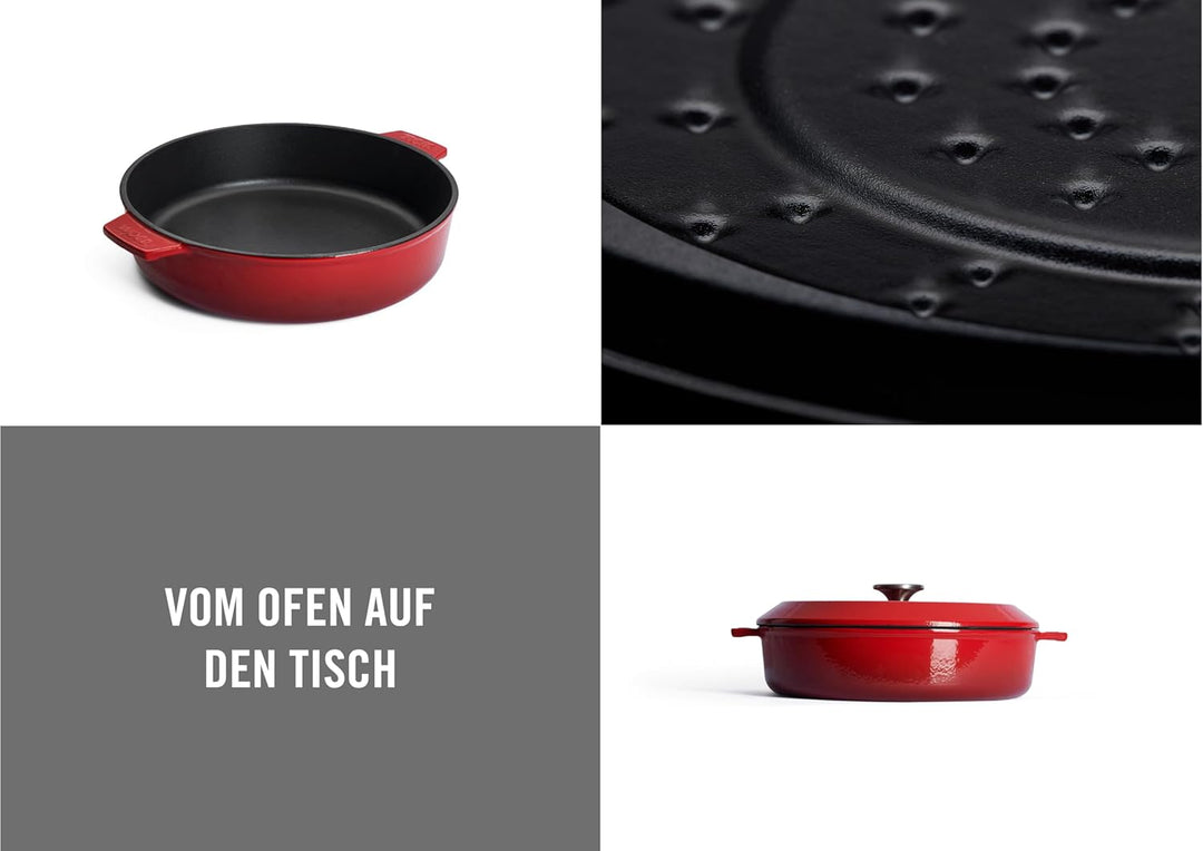 Woll 828CI-010 Iron Gusskasserolle mit Deckel 3,7 Liter + Silikongriffen Rot, Rot