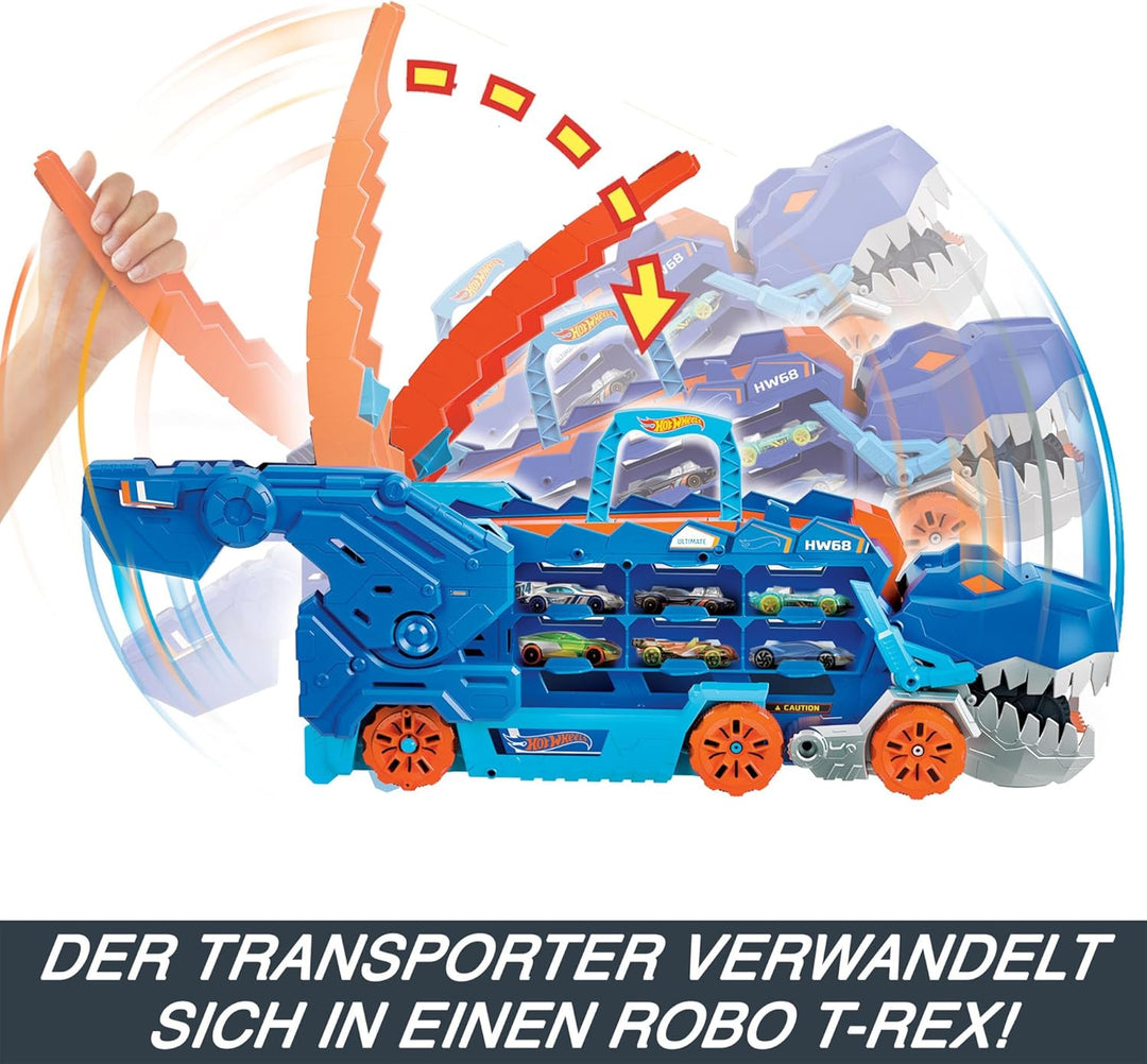 Hot Wheels 2:1 Transporter zu T-Rex mit inkl. Autorennbahn, mit Beleuchtung und Geräuschen, inkl. 2