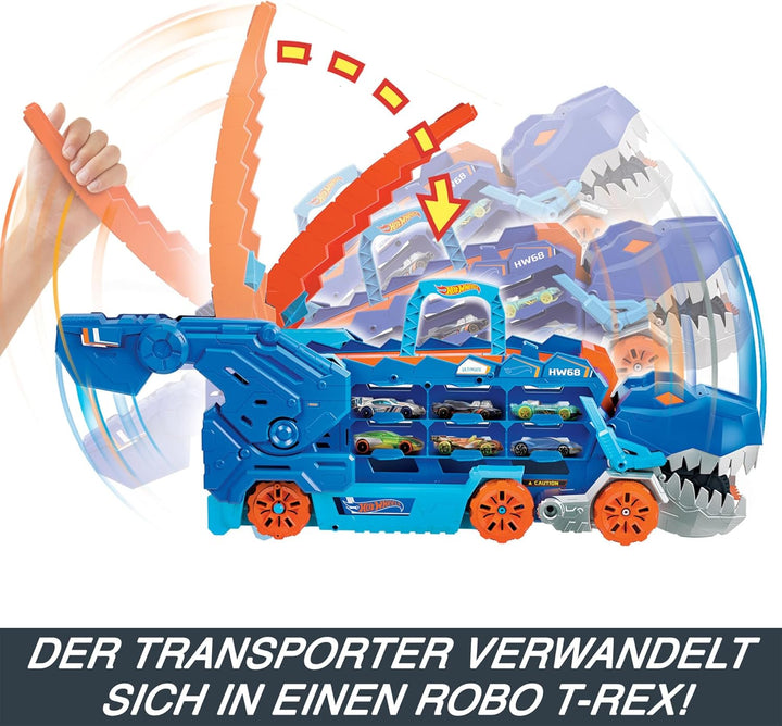 Hot Wheels 2:1 Transporter zu T-Rex mit inkl. Autorennbahn, mit Beleuchtung und Geräuschen, inkl. 2