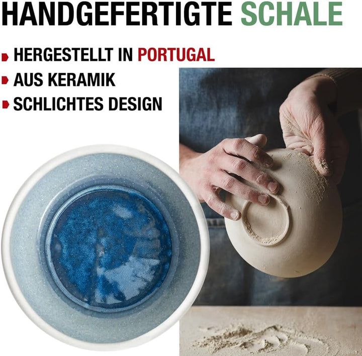 Origeens MATCHA SET MIT PULVER „AZUR“ - Handgefertigte Matcha-Schale (Portugal), Matcha-Besen, Bambu