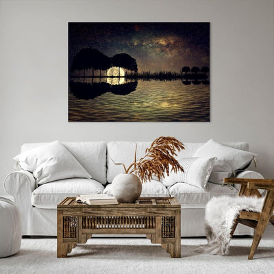 Bilder auf Leinwand 100x70cm Leinwandbild mit Rahmen See Nacht Wasser Gross Wanddeko Bild Schlafzimm