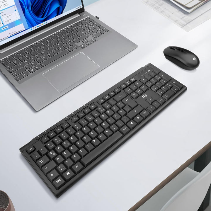 Rii Tastatur Maus Set Kabellos, Funktastatur mit Maus, 9 Shortcut-Tasten Wireless Keyboard and 4 DPI