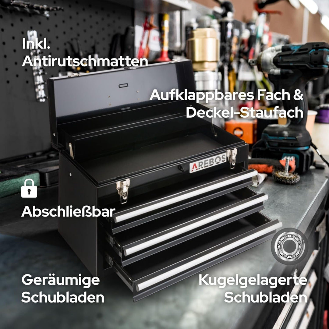 Arebos Werkzeugkoffer mit 3 Schubladen & 2 Ablagefächern | inkl. Tragegriff & Schnappverschlüssen |