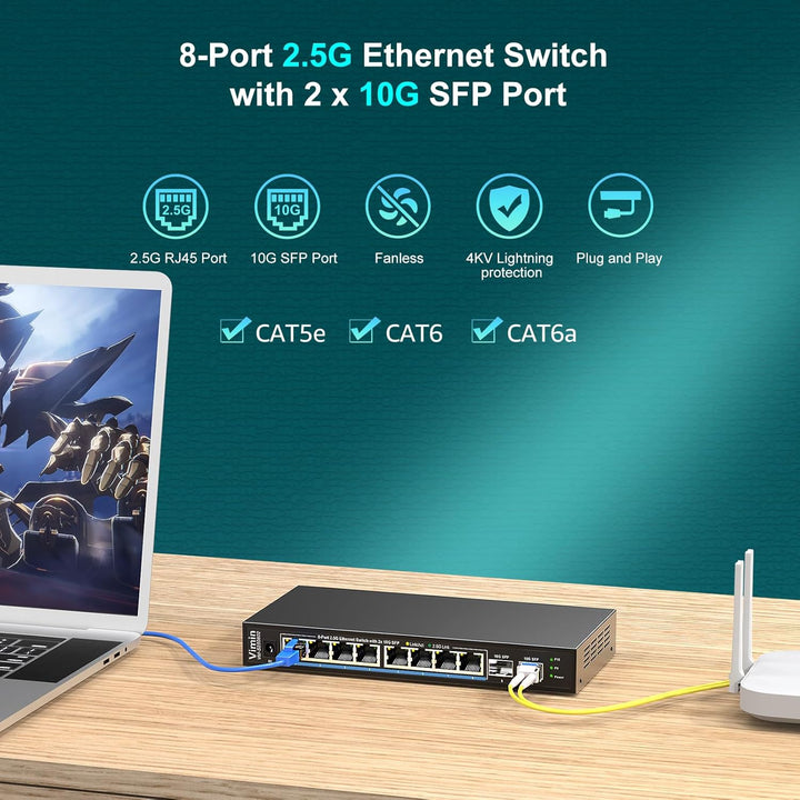 10-Port 2,5G Unmanaged Netzwerk Switch, 8X 2,5Gbase-T Ethernet Ports, 2X 10G SFP+, 120Gbps Switching