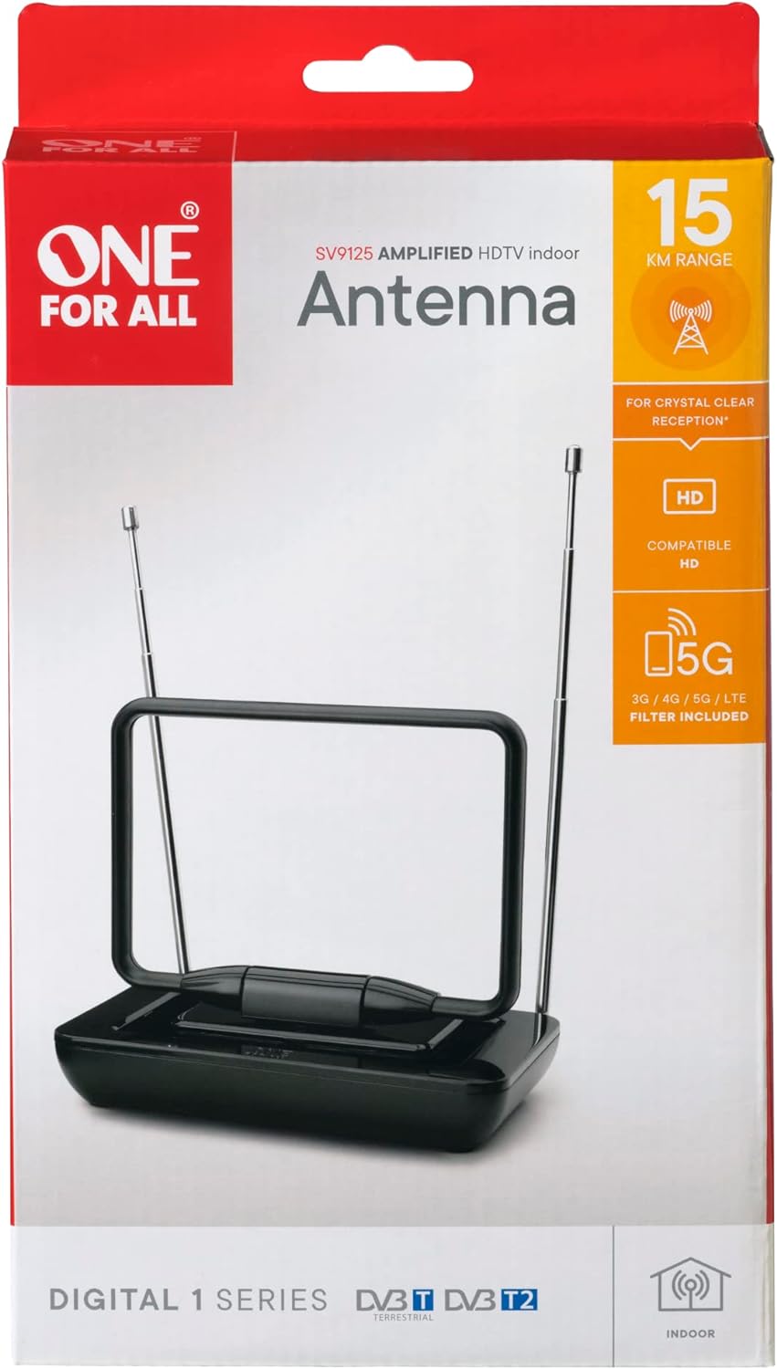 One for All – 3G-4G-5G-blockfilter - DVB-T2 Zimmerantenne Digital-TV in HD Dreh- und kippbar 0 bis 1