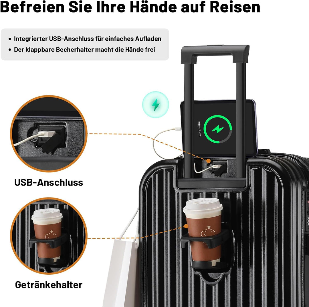 TIYFIY Kofferset 4 Teilig Hartschale Koffer Set mit Kosmetikkoffer Gepäcksets mit Getränkehalter USB