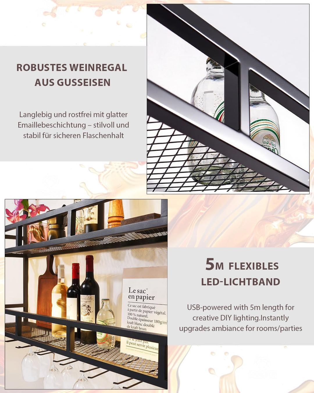 Weinregal Wand aus Metall 100 cm 3-stöckiges Modernes Wandregal mit LED-Beleuchtung, Flaschenhalter