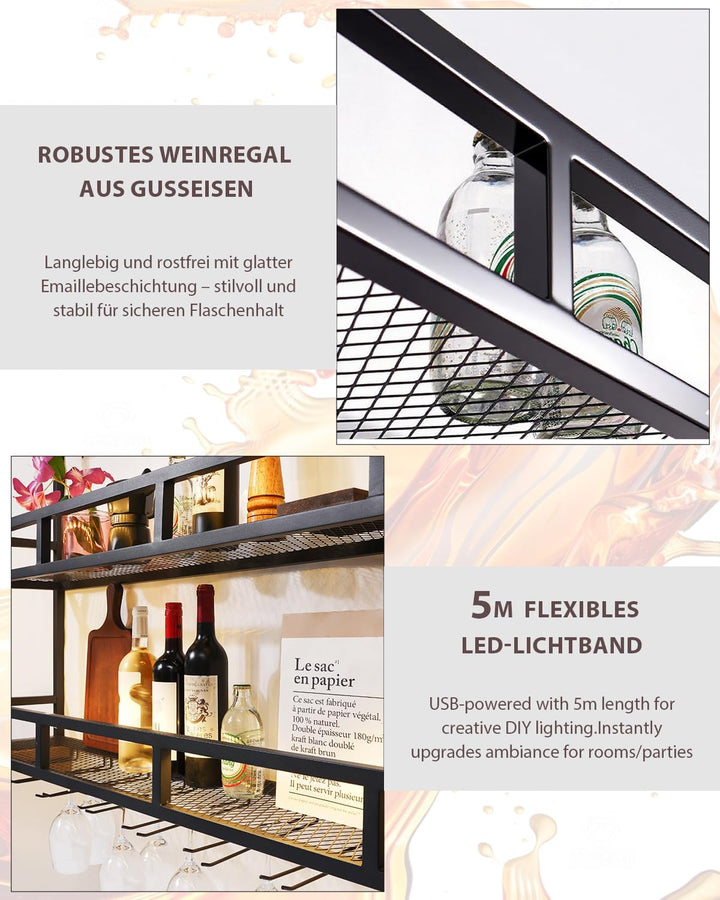 Weinregal Wand aus Metall 100 cm 3-stöckiges Modernes Wandregal mit LED-Beleuchtung, Flaschenhalter