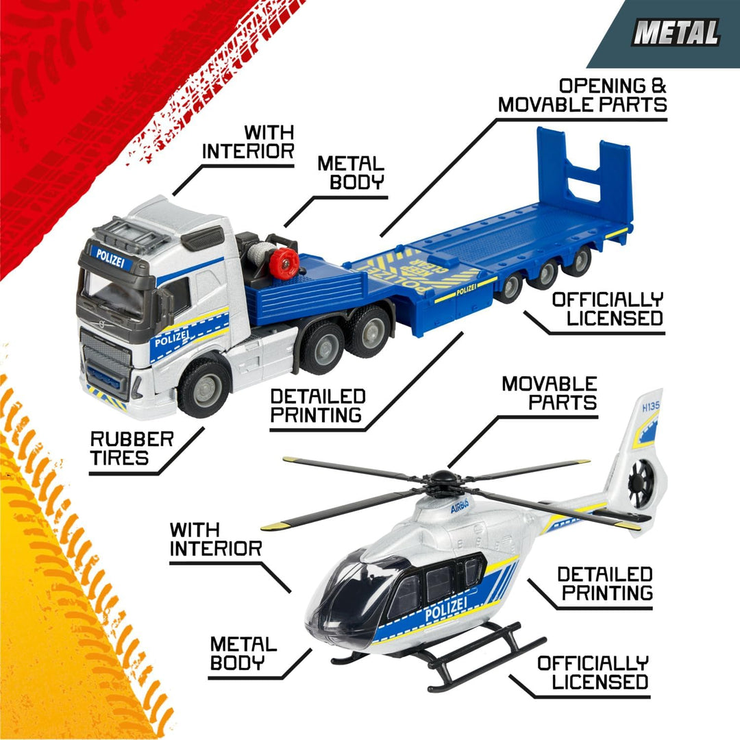 Majorette - Volvo Polizei-Transporter FH-16 (35 cm) – LKW mit Auflieger und Airbus Hubschrauber (25,