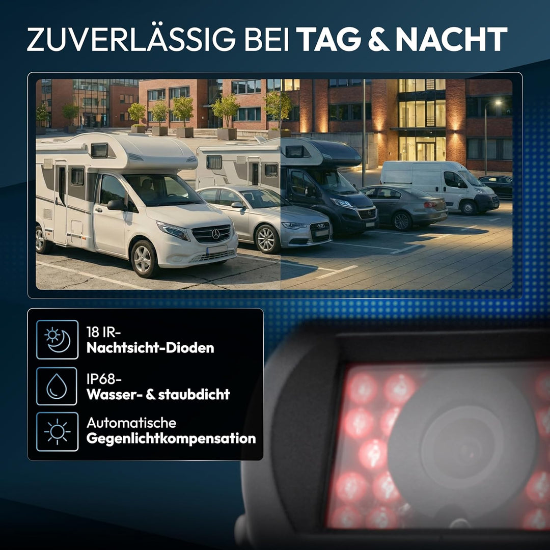 VSG24 Rückfahrkamera 7" HD Starter-Set inkl. Kamera, Monitor, Kabel - Wasserdicht Nachtsicht 12V-24V