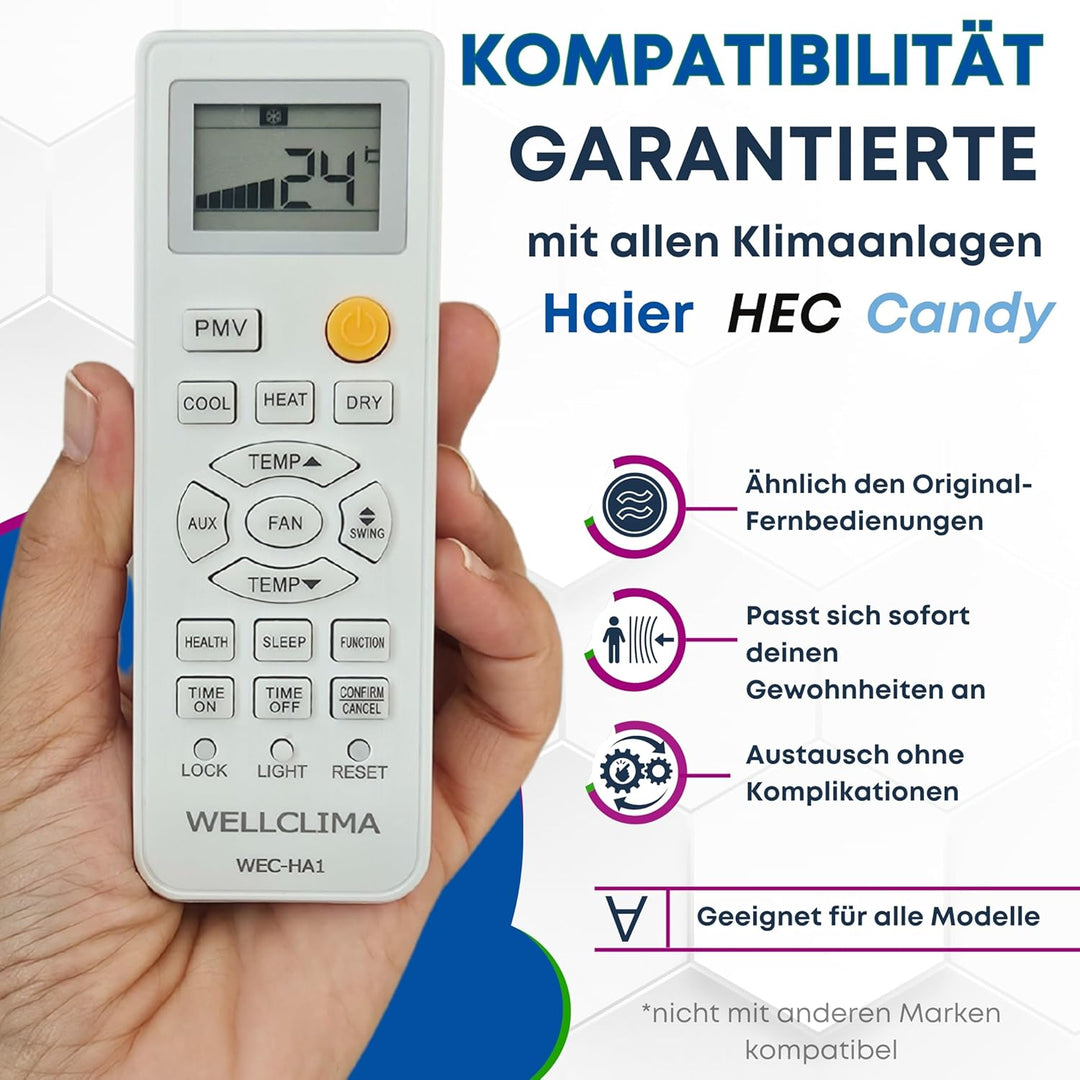 Wellclima WEC-HA1 Fernbedienung für Klimaanlagen für Haier, für HEC, für Candy, Umfangreicher als Un