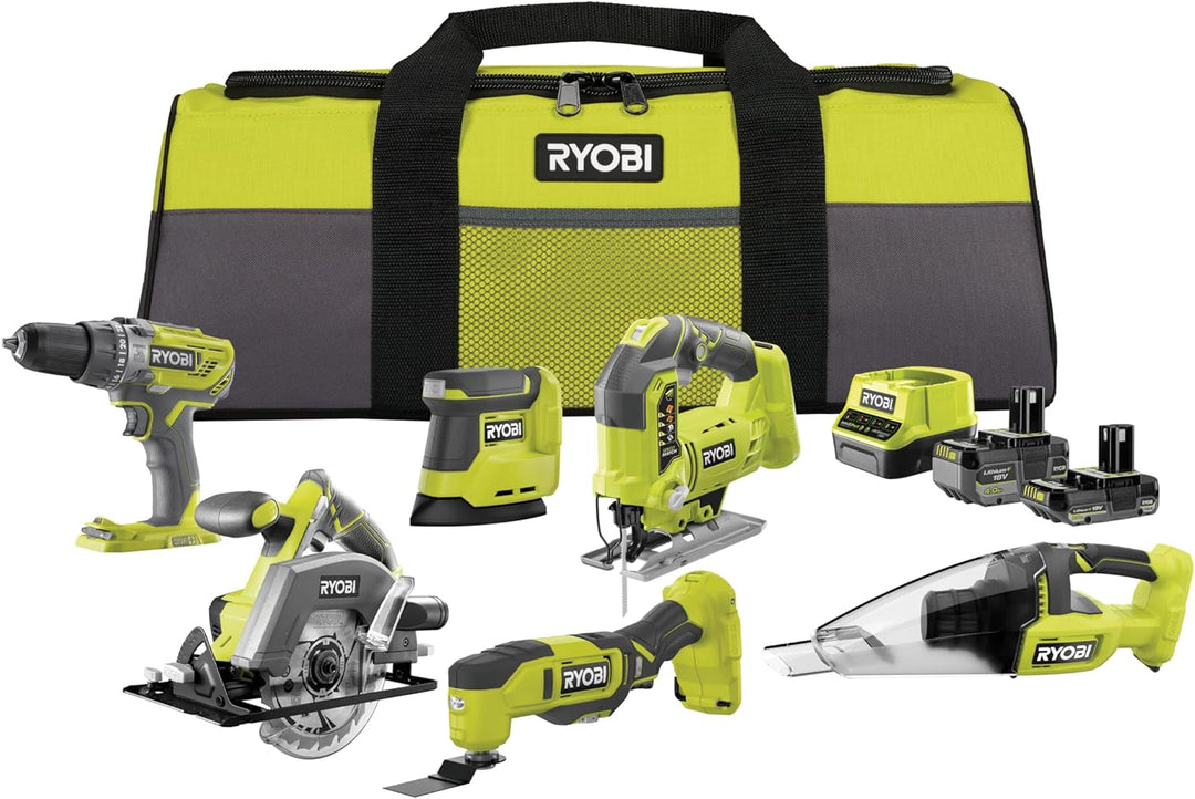 RYOBI 18 V ONE+ 10-tlg. Akku-Combo-Kit RCK186O-242SZL, Schlagbohrschrauber, Stichsäge, Handkreissäge
