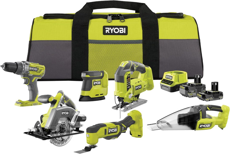 RYOBI 18 V ONE+ 10-tlg. Akku-Combo-Kit RCK186O-242SZL, Schlagbohrschrauber, Stichsäge, Handkreissäge