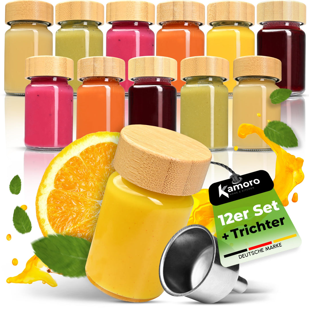 Ingwer Shotgläser 12er Set - Mini Gläser mit Bambusdeckel & Edelstahl Trichter [60ml] - Shot Flasche