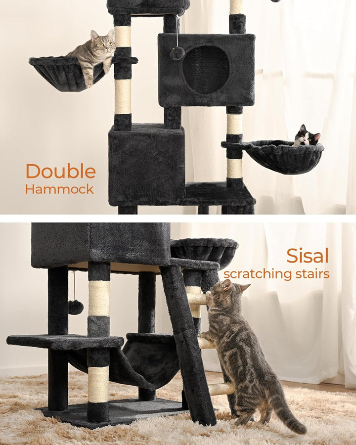 FourFurPets Kratzbaum 160 cm hoch, Aktivitätsbaum für Katzen, mit 2 Plattformen, 2 Höhlen, 2 Korb, H