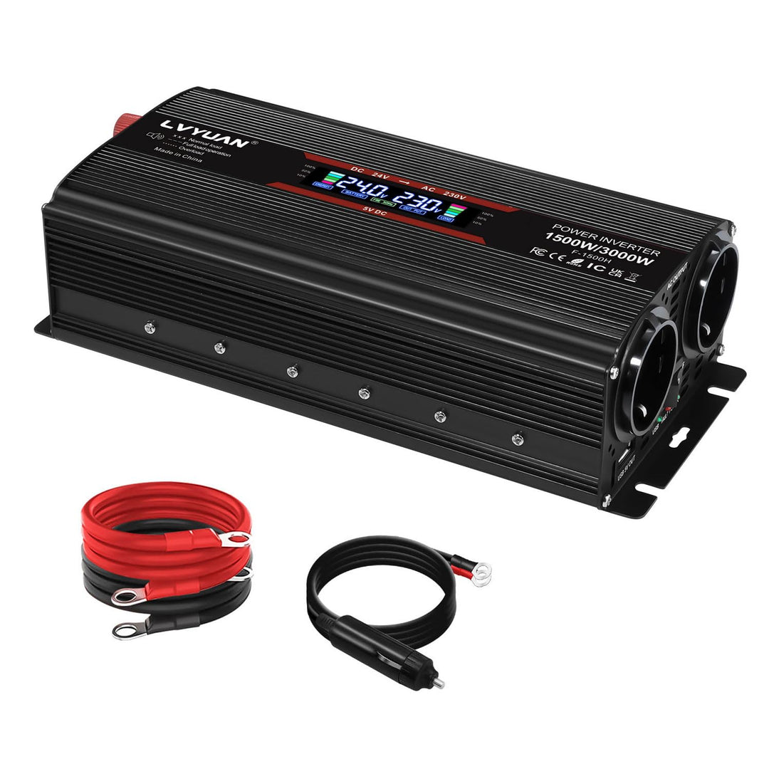 LVYUAN Spannungswandler 24V 230V 1500W/ 3000W Wechselrichter Stromwandler mit LCD Bildschirm, 2 EU S