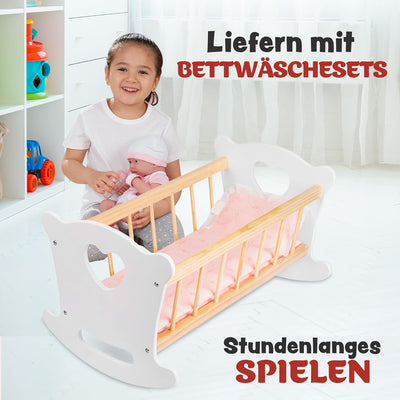 Green series Kinderplay Puppenwiege aus Holz, Weiss Puppenbett Holz, Wiege für Puppe – Set Wiege mit