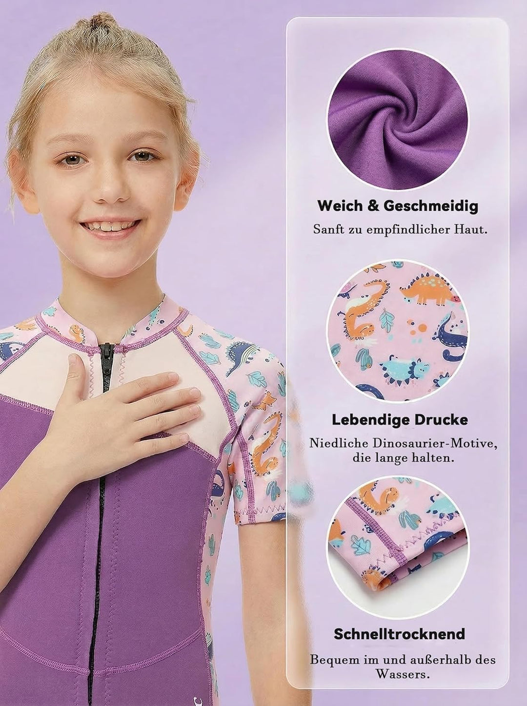Mädchen 2.5mm Neoprenanzug Kinder Einteiler Tauchanzug Tropisch Violet Kurzarm Shorty Badeanzug Schn