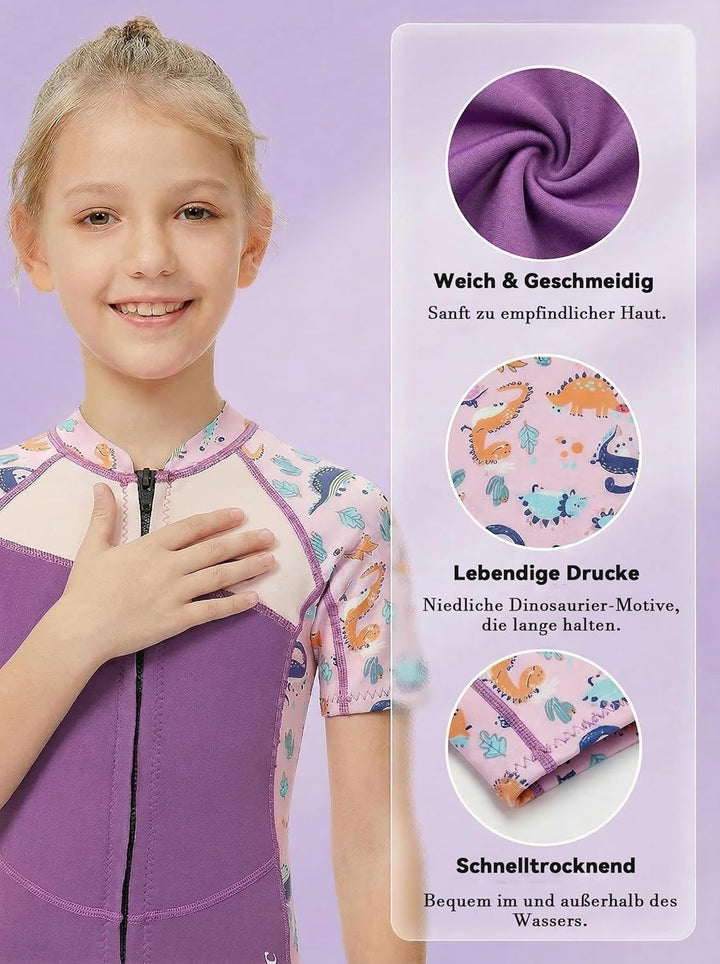 Mädchen 2.5mm Neoprenanzug Kinder Einteiler Tauchanzug Tropisch Violet Kurzarm Shorty Badeanzug Schn