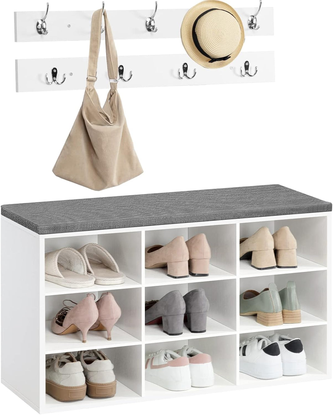 HOOBRO Garderobe Schuhregal Set, Schuhbank mit 9 F Cher, Schuhregal mit gepolsterter Sitzbank, Wandg