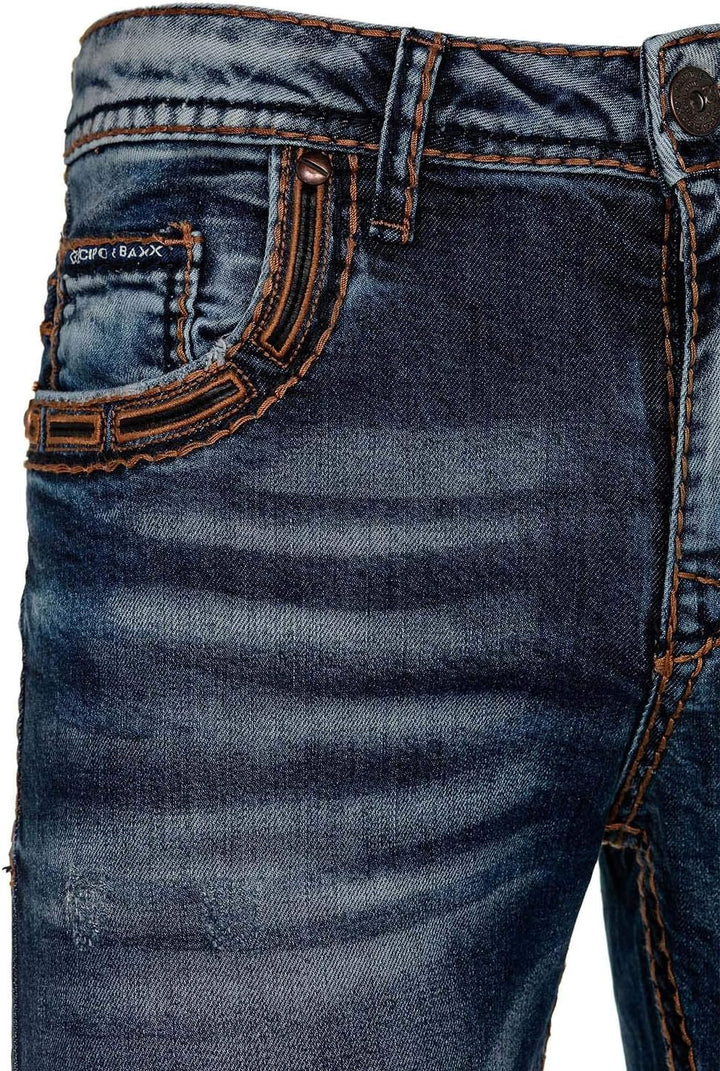 Cipo & Baxx Herren Jeans Hose Regular Slim Fit Denim Hose Pants Dicke Naht Jeanshose Blau W31 L32