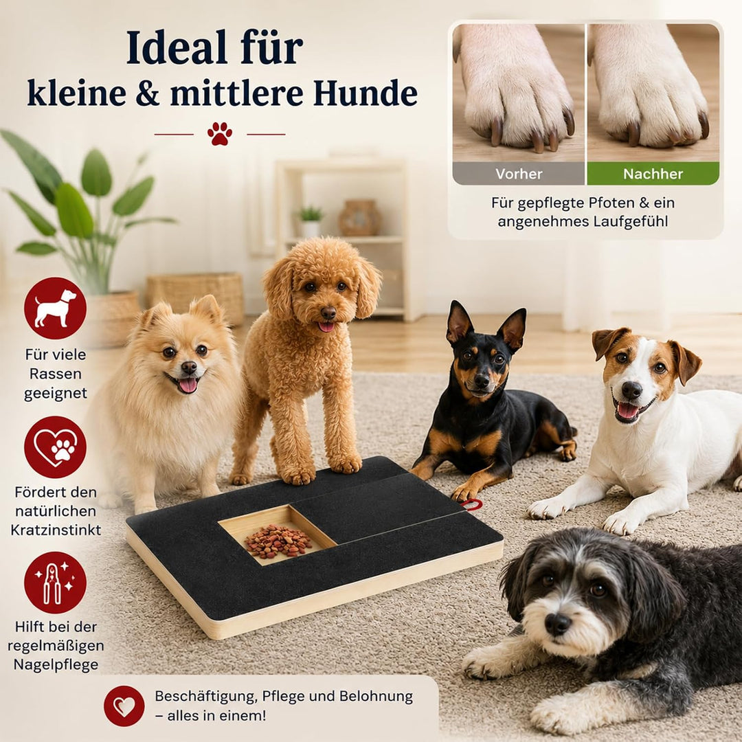 Krallenschleifer für Hunde, Holz Kratzbrett 35x25x3cm mit Leckerlibox | mit 2 Schleifpapieren, stres