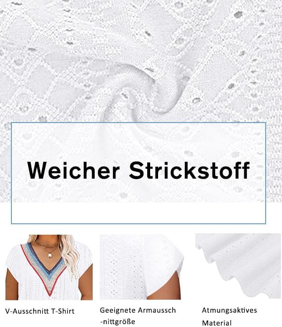 Grosse Grössen T-Shirts Damen V-Ausschnitt Plus Size Mode Strick Top Sommer Oversize Frauen Tshirts,