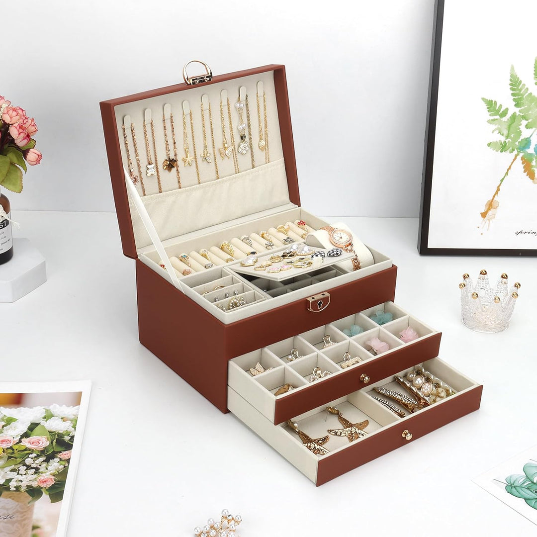 Schmuckkasten, Schmuckkästchen mit 3 Ebenen mit Schubladen, PU-Leder Schmuckbox Schmuckschatulle Gro