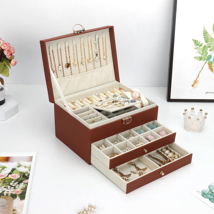Schmuckkasten, Schmuckkästchen mit 3 Ebenen mit Schubladen, PU-Leder Schmuckbox Schmuckschatulle Gro