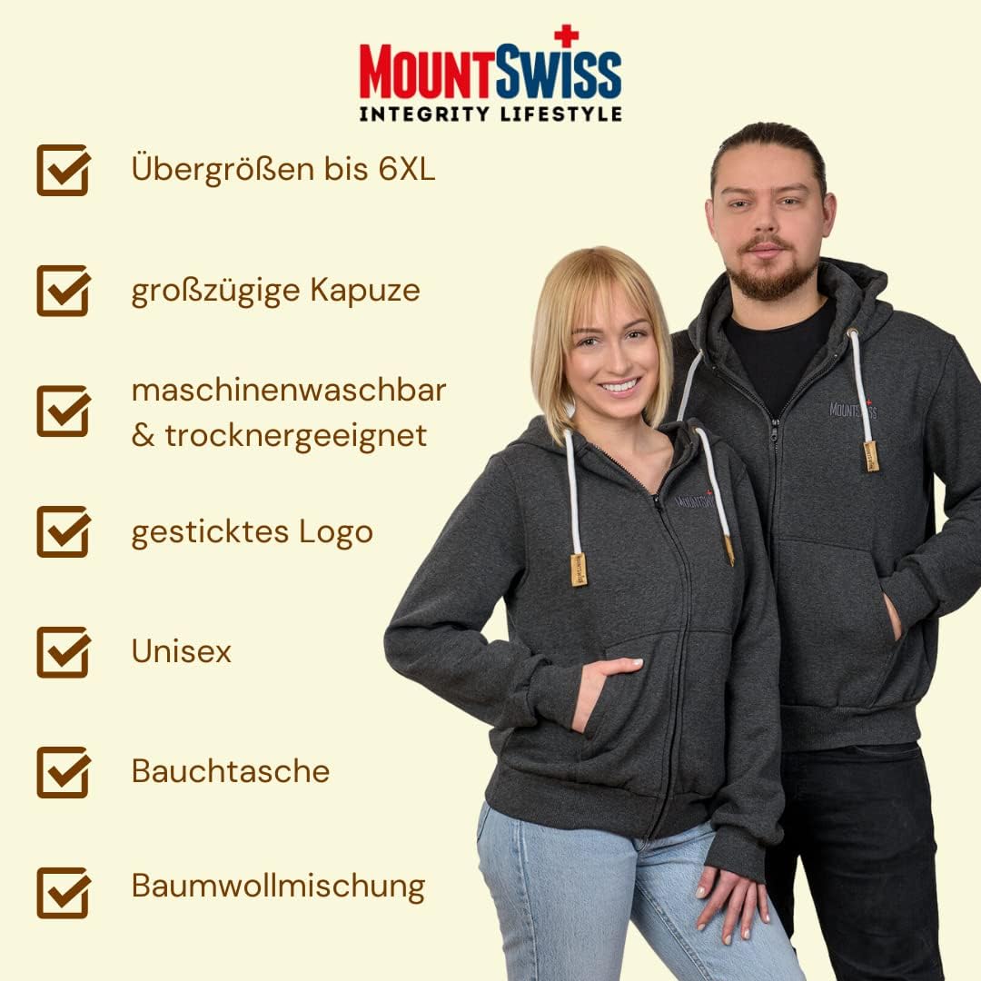 Mount Swiss Herren Damen Sweatjacke Kapuzenjacke Hoodie Leon, Langarm mit Kapuze und Reissverschluss