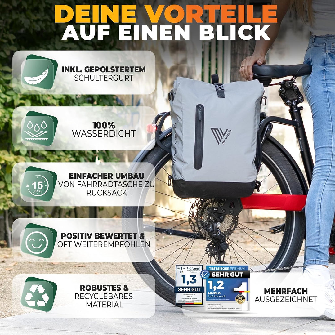MIVELO - 3in1 Fahrradtasche für Gepäckträger, 100% wasserdicht &amp; PVC-frei, Fahrradtasche Rucksack &amp;