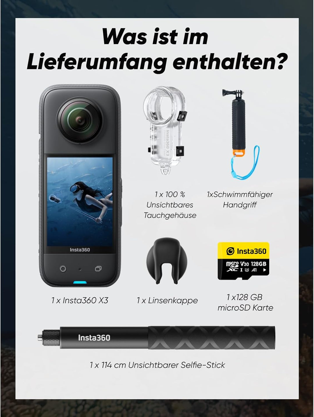 Insta360 X3 Invisible-Dive-Kit - wasserdichte 360°-Actionkamera mit 1/2"-Sensor, 5,7K 360°, 72MP 360
