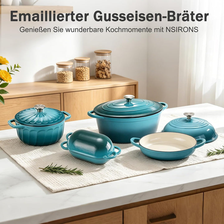 Gusseisen Bräter mit Deckel, Oval Gusseisen Topf 6.6L, Emaille Topf Gross Backofengeeignet, Schmorto