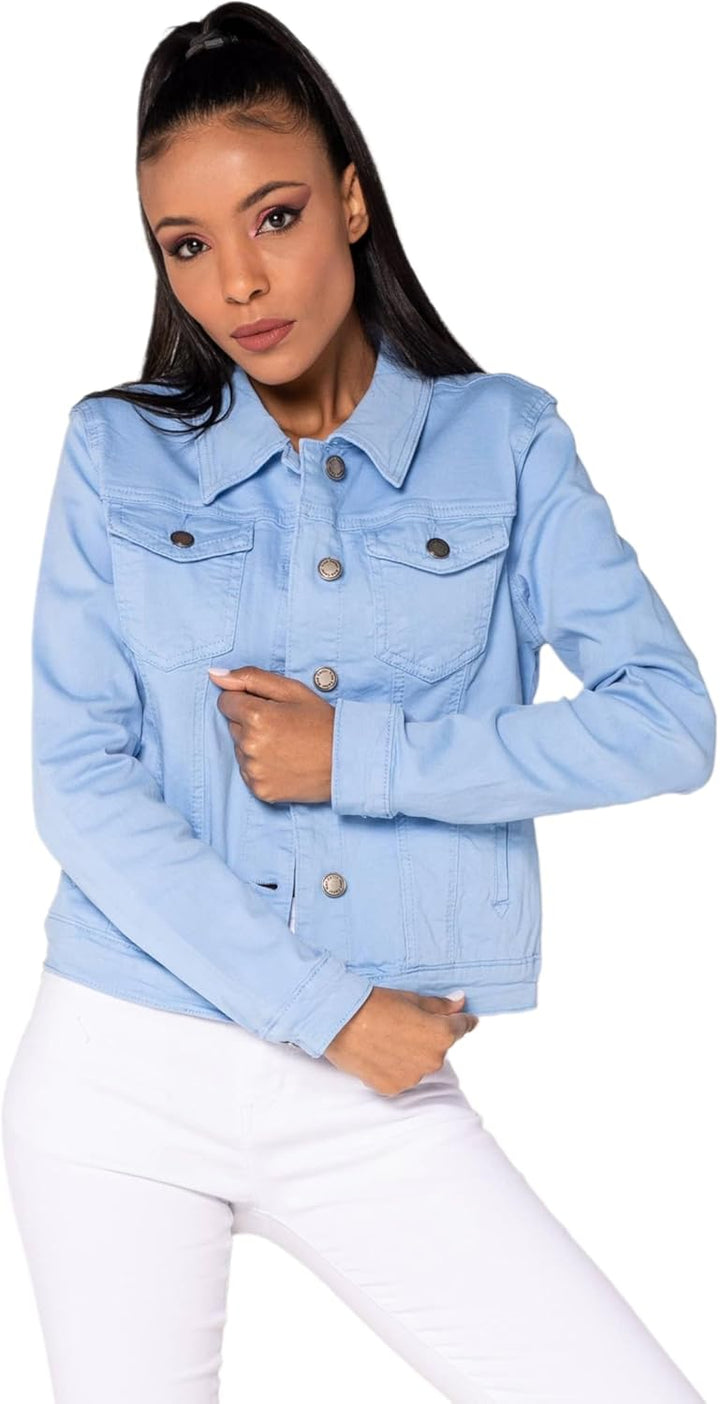 Nina Carter J212 Damen Slim-Fit Jeansjacke – Farbige Übergangsjacke mit Kent-Kragen und Taschen – Fr