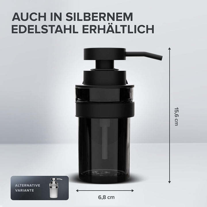 ovimar Seifenspender Lokta | schwarz | Wandmontage ohne Bohren | aus Edelstahl und schwarzem Glas |