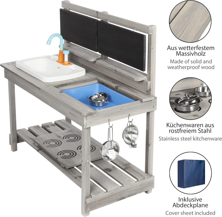ONVAYA® Matschküche aus Holz | Grau | Outdoor Spielküche mit Waschbecken und schwarzer Tafel | Inklu