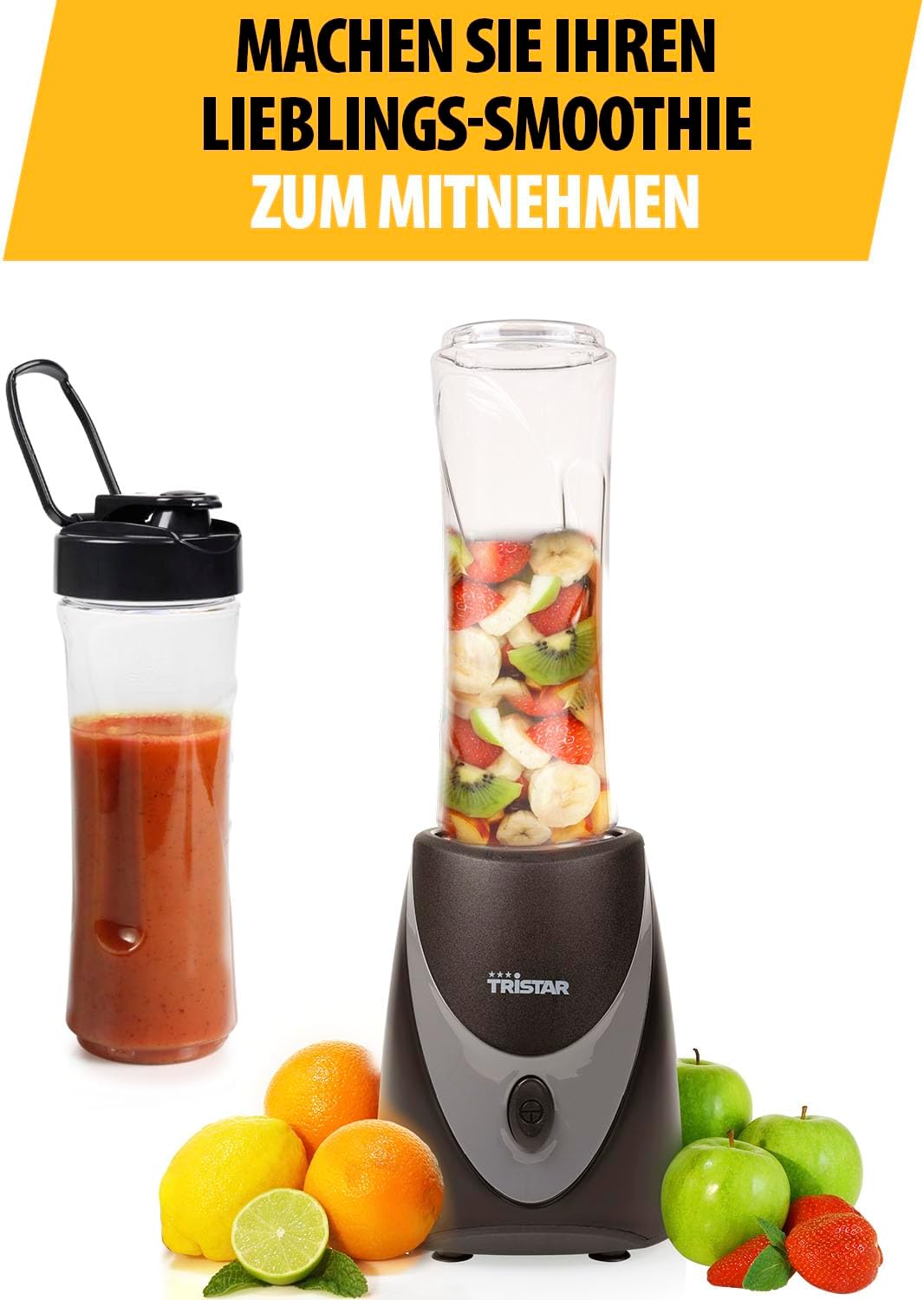 Tristar Smoothie Maker – 500ml Becher – Blender to go – Edelstahlklingen – mit Deckel – spülmaschine