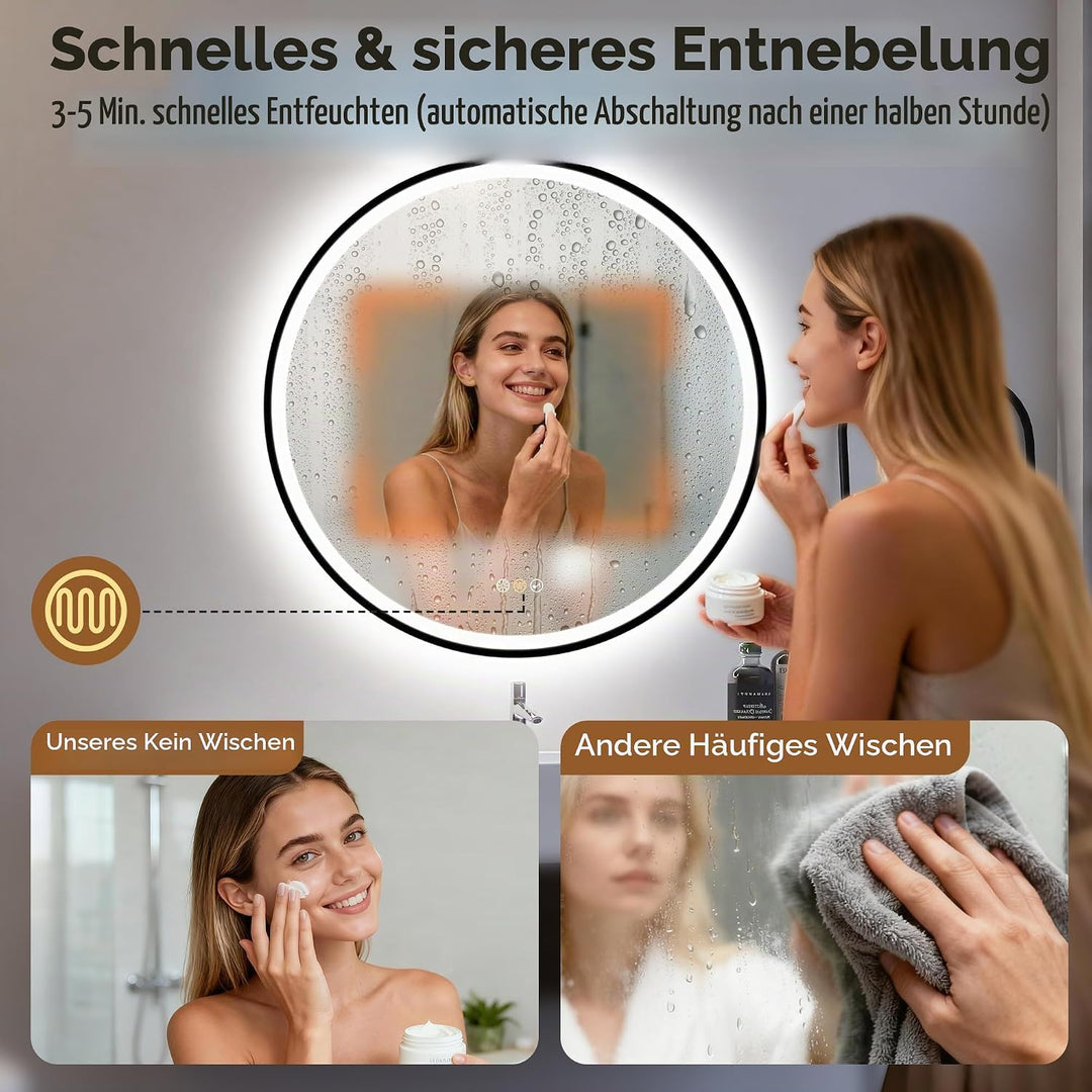 STARLEAD Badspiegel-Rund-mit-Beleuchtung 90cm Diameter, LED-Spiegel-Rund mit Bluetooth, Dimmbar, 3 L