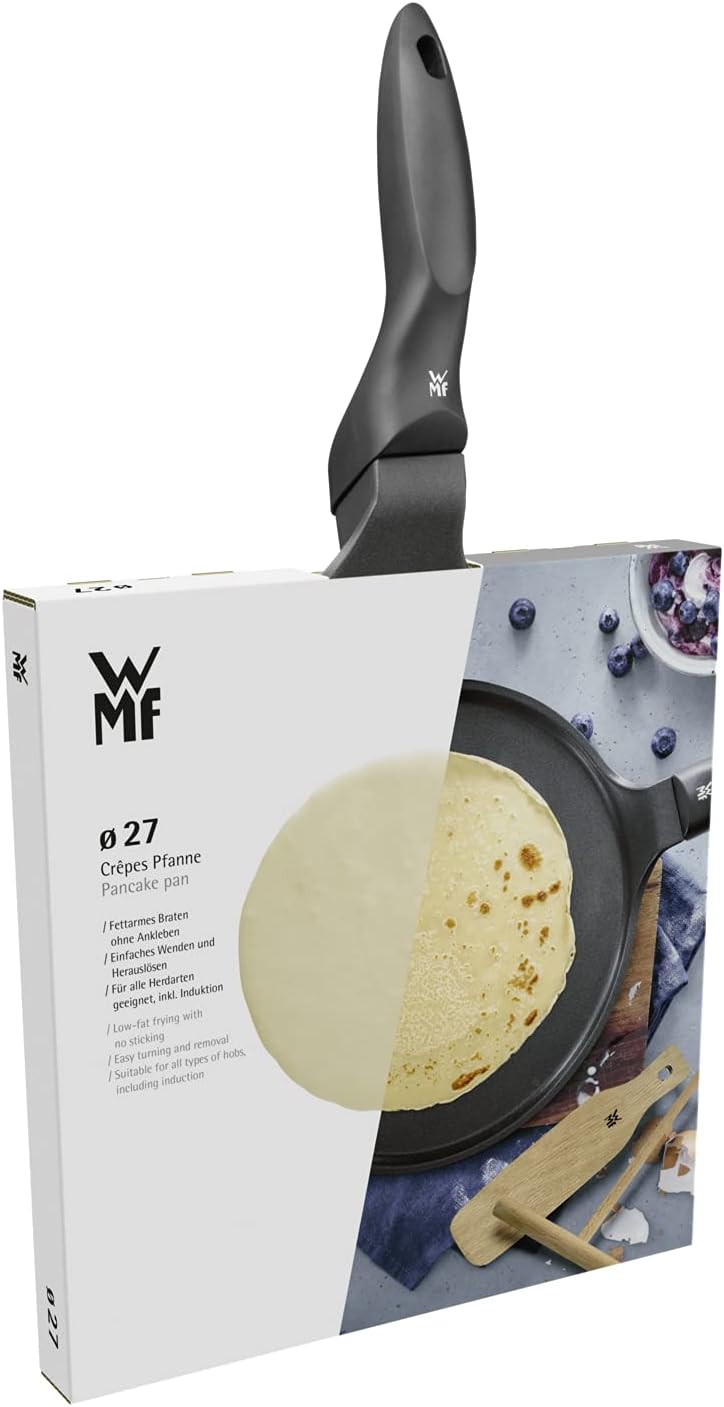 WMF Devil Crepe Pfanne Induktion 27 cm, Crepes Pfanne, Pfannkuchenpfanne mit Teigverteiler und Holzs