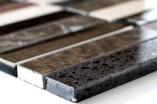 Mosaik Fliese Stäbchen Riemchen Edelstahl silber beige braun Glasmosaik für WAND BAD DUSCHE KÜCHE FL