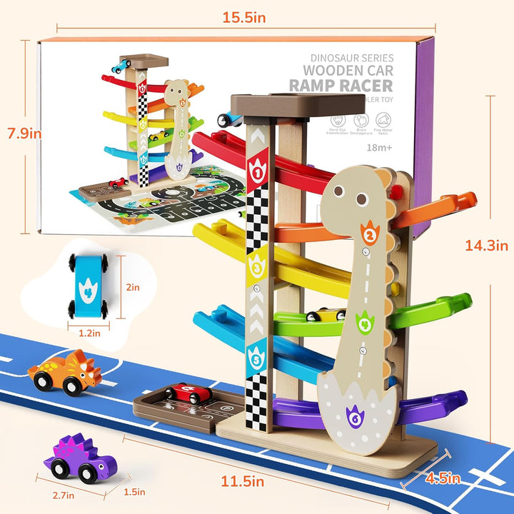 6X Kugelbahn Autorennbahn Holz ab 1+ Jahr Auto Rennbahn mit 6 Fahrzeuge Montessori Spielzeug Kinders