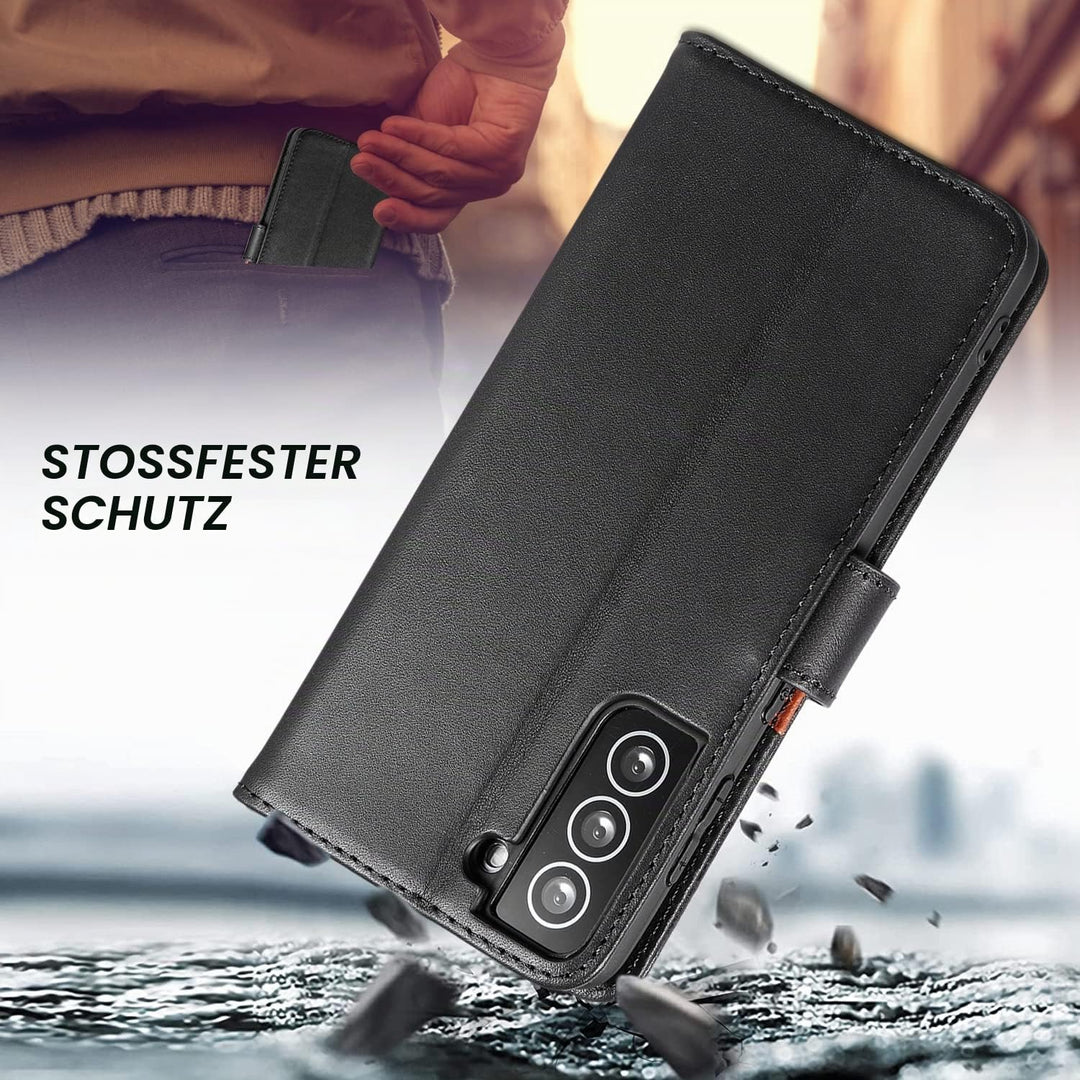 LENSUN Echtleder Hülle für Samsung Galaxy S21, Handyhülle [Echtes Leder] [Magnetverschluss] [RFID Sc