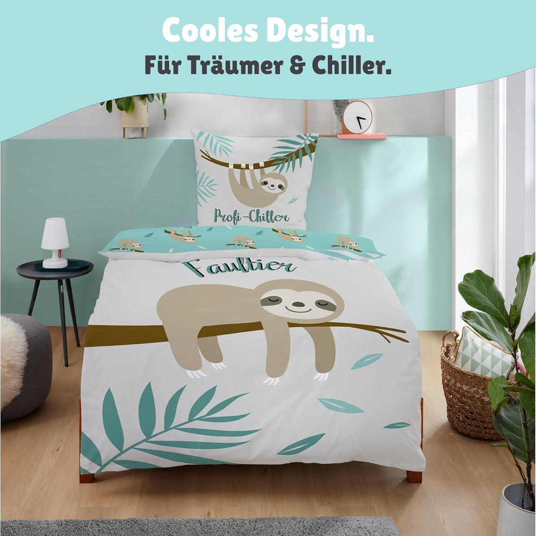 Familando Faultier Bettwäsche-Set 135x200 cm + Kissen 80x80 cm · Profi-Chiller · Kinder-Bettwäsche 1